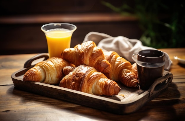 a tray of croissants coffee and orange juice