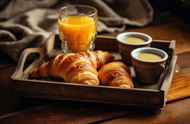 a tray of croissants coffee and orange juice