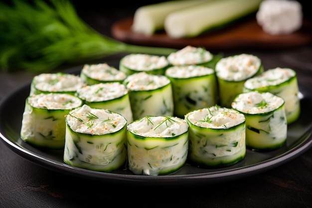 a tray of cucumber rolls with cucumber on top