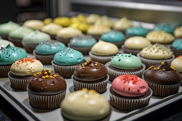 A tray of cupcakes in various flavors and colors created with generative ai