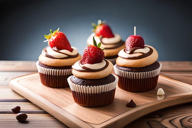 A tray of cupcakes with chocolate frosting and strawberries on top.