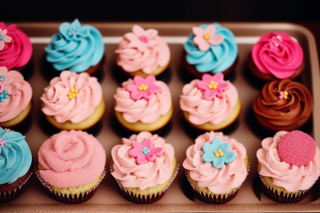A tray of cupcakes with different colors and one has a flower on it.