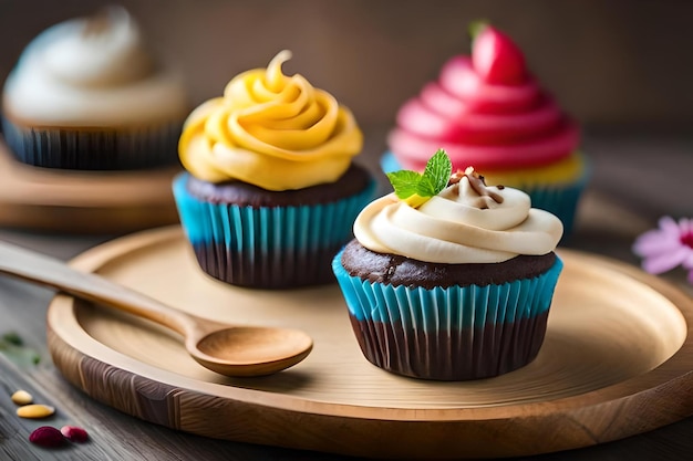 Foto un vassoio di cupcakes con sopra un cucchiaio