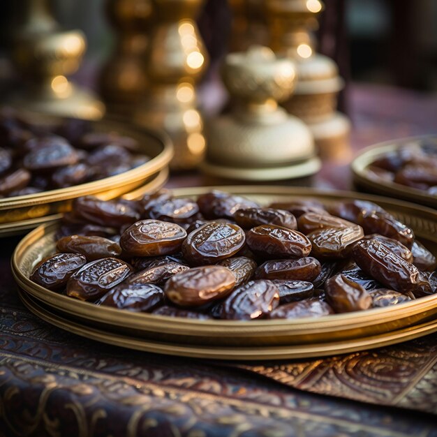 Photo a tray of dates with a gold decoration on it