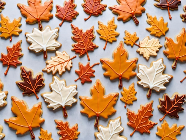 A Tray Of Decorated Cookies With Fall Leaves