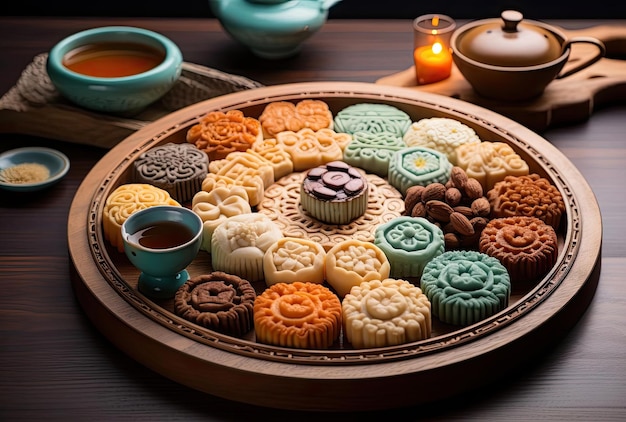 a tray decorated with a number of chinese pastries and various sauces