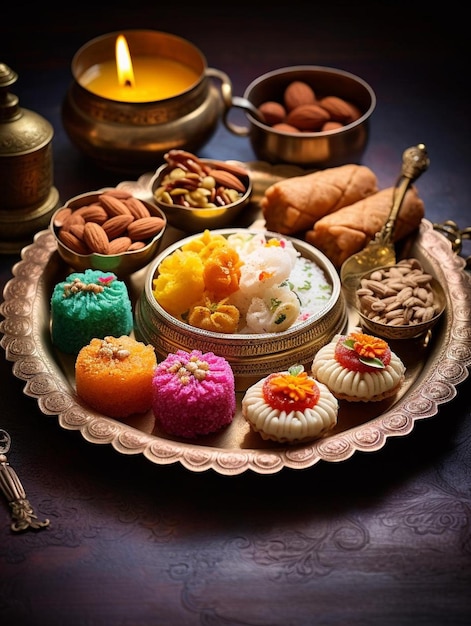 a tray of desserts including a candle and a bowl of food.