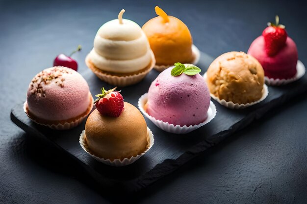 a tray of desserts including one with a strawberries and a strawberries on it.