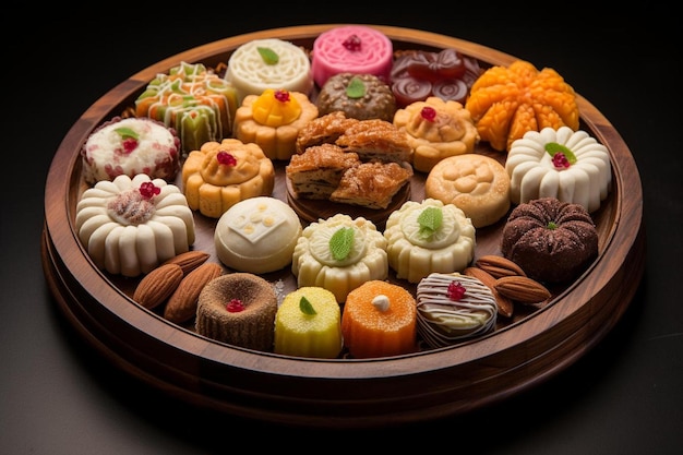 a tray of desserts including a variety of desserts.