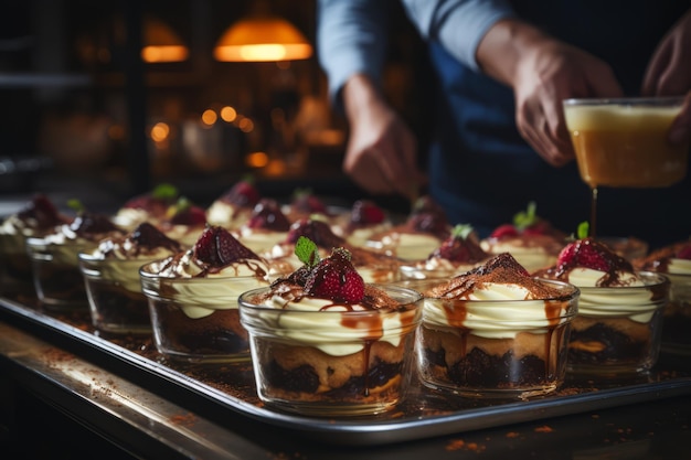 A tray of desserts with a person pouring a drink in the background.