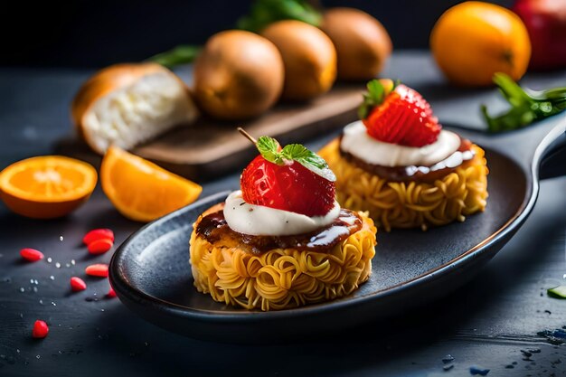 a tray of desserts with strawberries and cream cheese frosting.