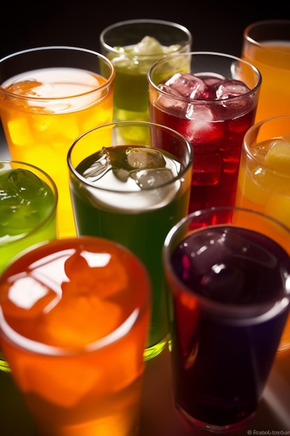 Photo a tray of different colored drinks with ice cubes on top.