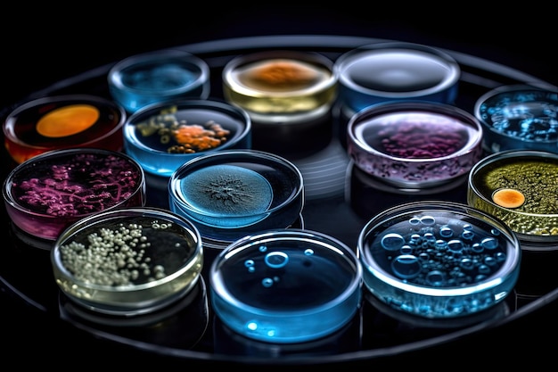 A tray of different colored liquid with the word bacteria on it