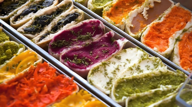 A tray of different foods including a variety of different flavors.