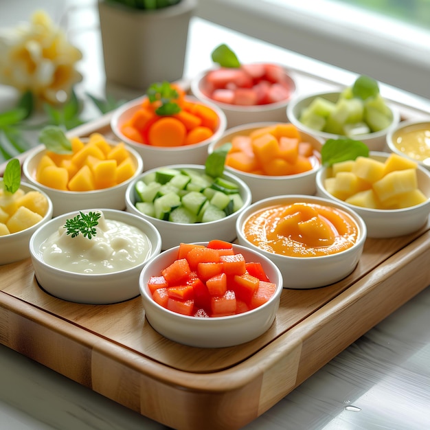 A tray of different types of fruit and dips on a table with a window in the background and a potted