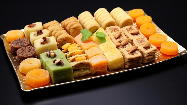 Photo a tray of different types of sushi and sushi are on a table