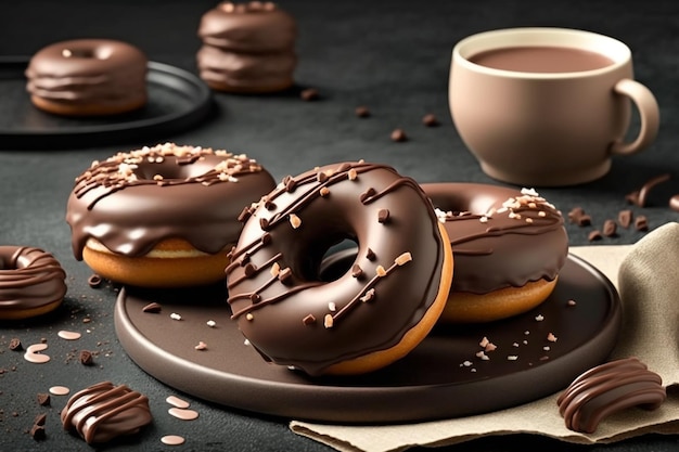 A tray of donuts with chocolate frosting and a cup of coffee