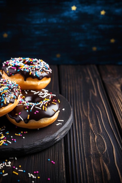 a tray of donuts with chocolate frosting and sprinkles on a wooden table.