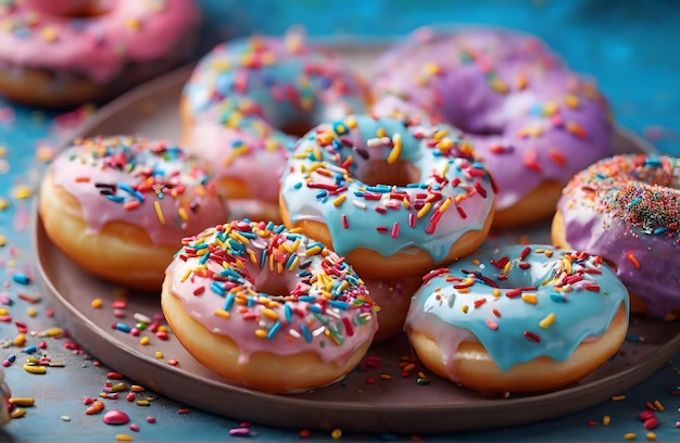 a tray of donuts with colorful sprinkles and sprinkles