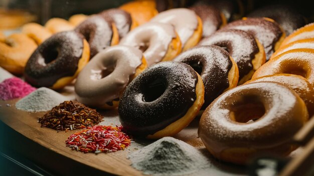 Foto un vassoio di ciambelle con vari sapori tra cui tè allo zucchero e cannella