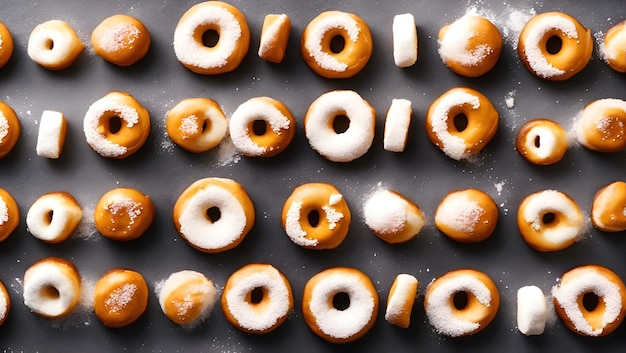 A tray of doughnuts with white icing and a few other donuts.