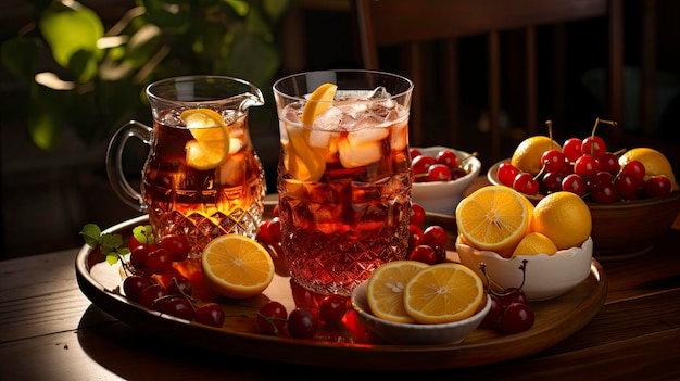 a tray of drinks with lemons, lemons, and a glass of ice.