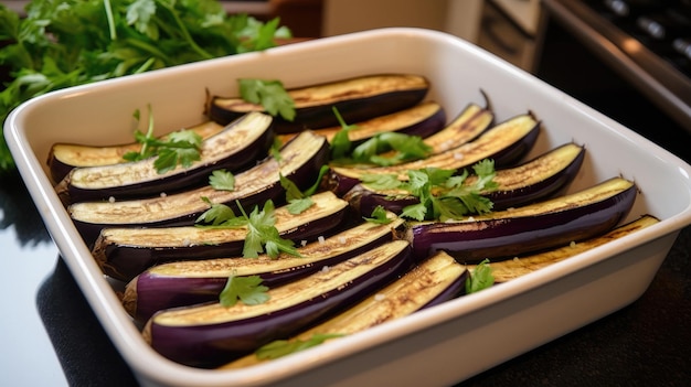 A tray of eggplant with zucchini and parsley.