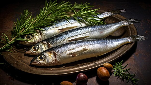 Photo a tray of fish and a bunch of leaves on a table