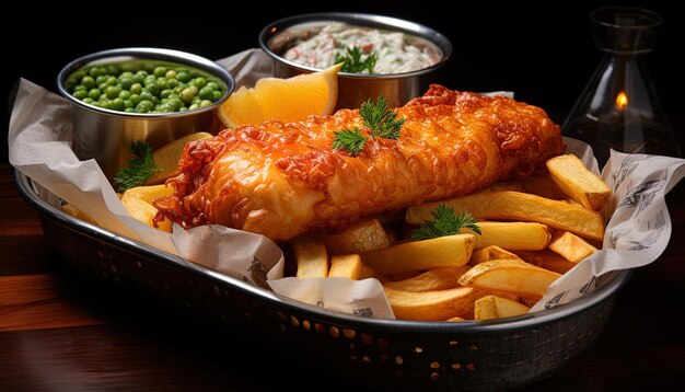 a tray of fish and chips with a side of french fries