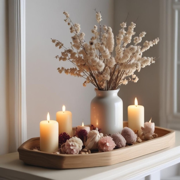 a tray of flowers and candles with a vase with flowers in it