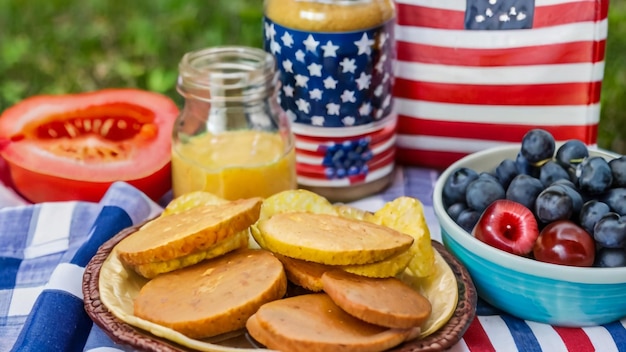 アメリカの国旗と国旗を含む食べ物のトレイ