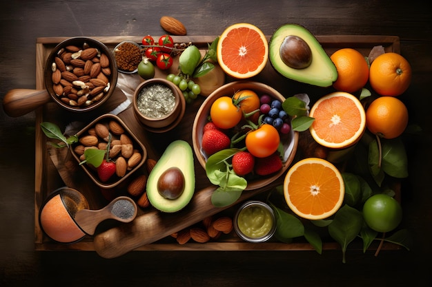 Foto un vassoio di cibo tra cui avocado, noci e frutta