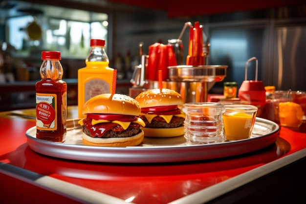 Photo a tray of food including a bottle of ketchup and mustard.