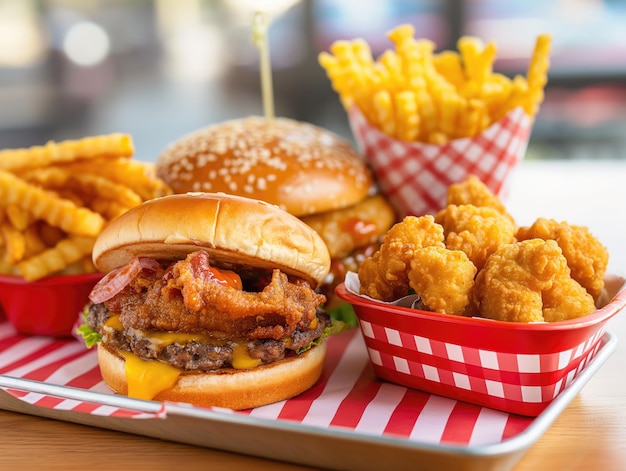 a tray of food including a burger and fries