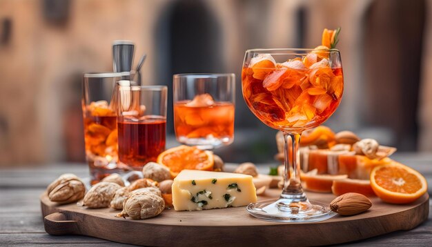 a tray of food including cheese bread and a glass of wine