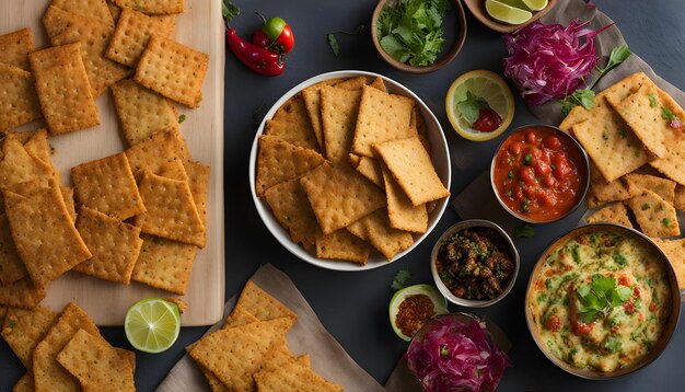 a tray of food including crackers salad and salads