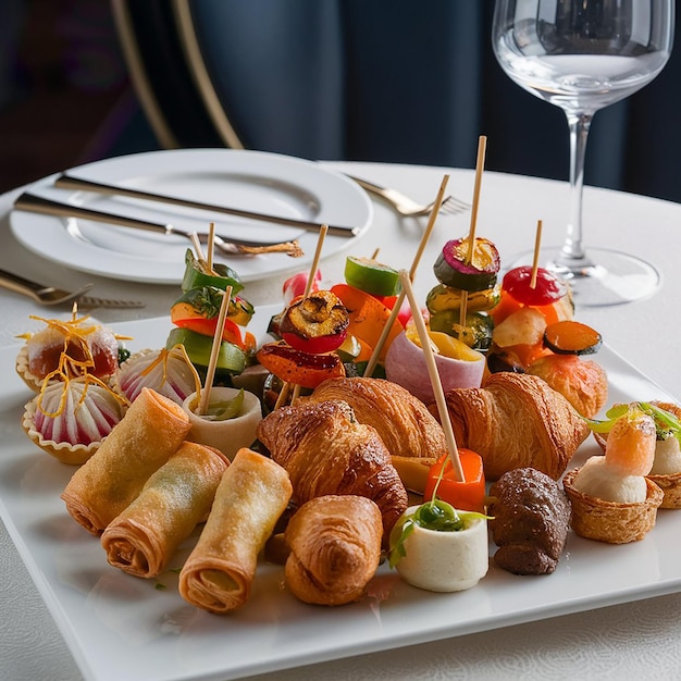 a tray of food including croissants cheese and meat