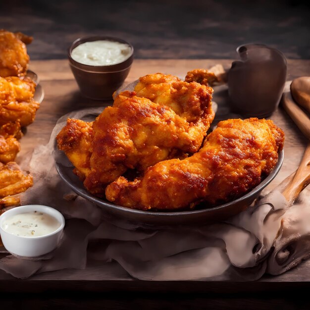 A tray of food including fried chicken and sauces