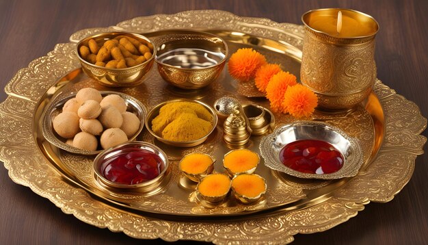 Photo a tray of food including a gold tray with a gold plate with a gold plate with a gold item on it