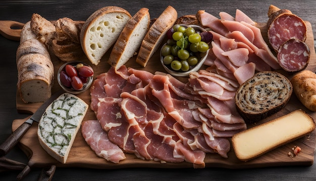 a tray of food including ham cheese and olives