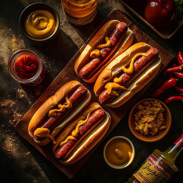 A tray of food including hot dogs mustard and other spices