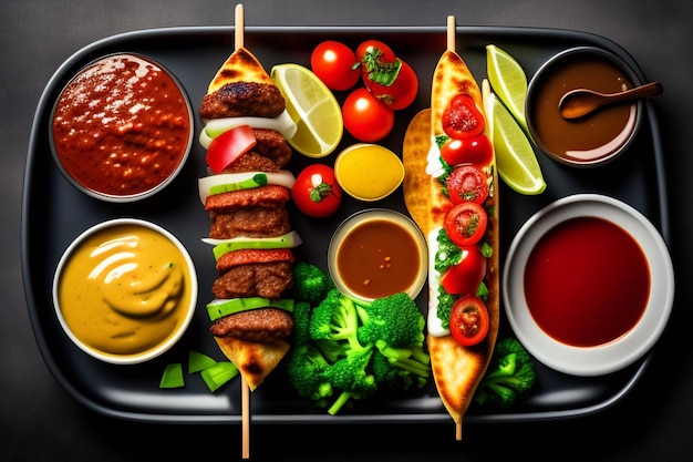 A tray of food including a kebab, sauce, and sauces.