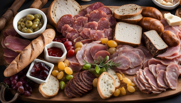 a tray of food including meat bread and cheese