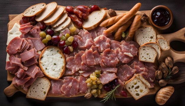 a tray of food including meat cheese and bread