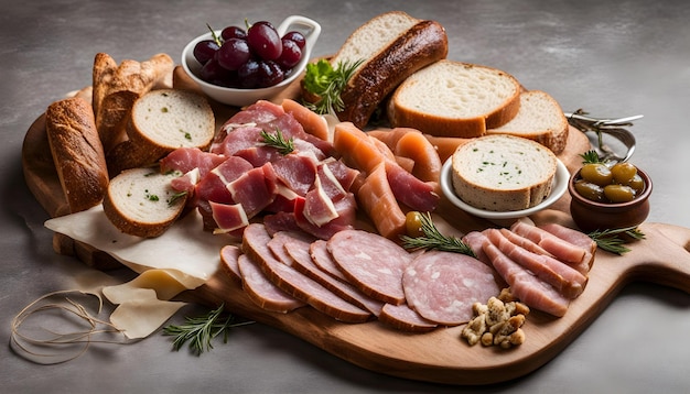 a tray of food including meat cheese and bread