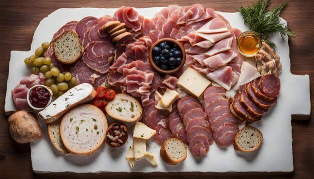 a tray of food including meat cheese and cheese