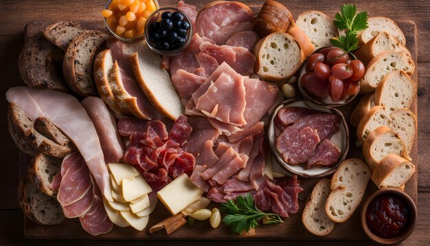 a tray of food including meat cheese and cheese