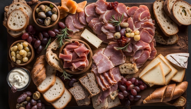 a tray of food including meat cheese and grapes