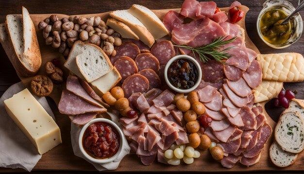 a tray of food including meat cheese and olives