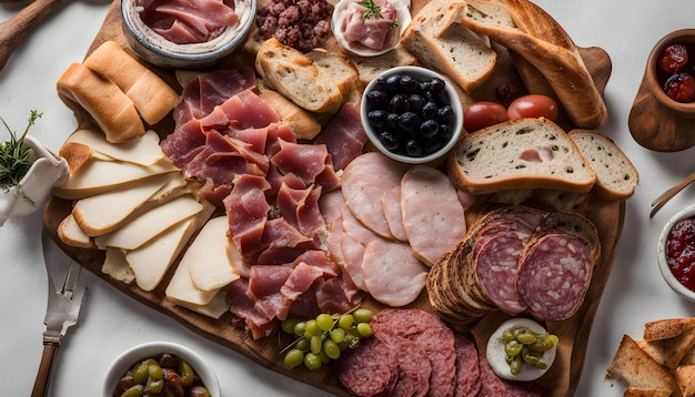 a tray of food including meat cheese and olives